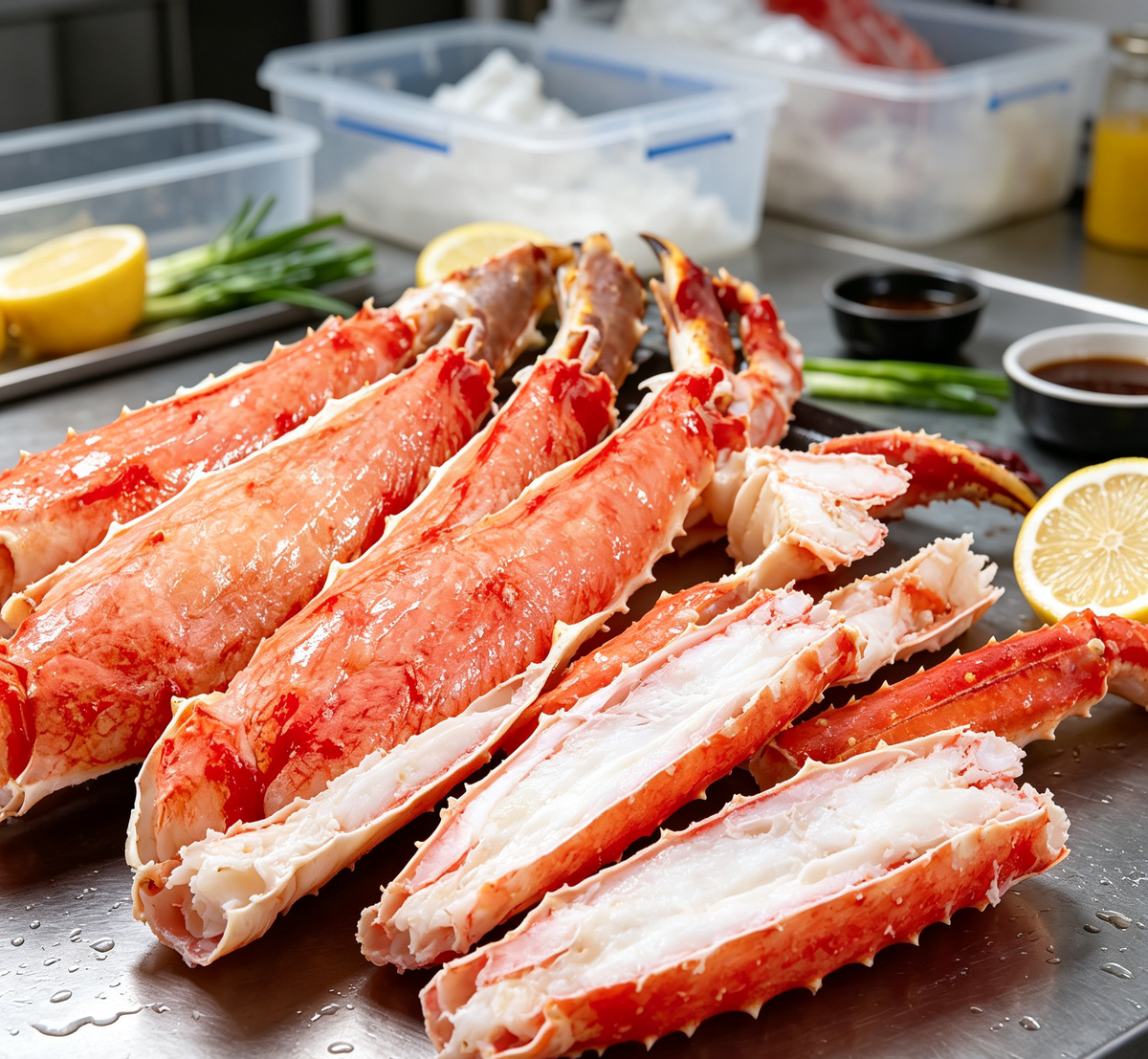 Cooked king crab legs on ice