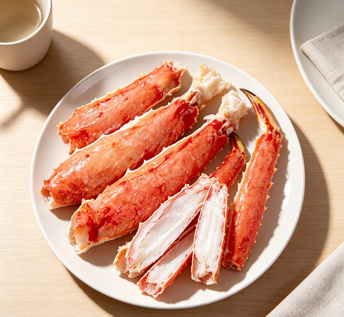 Cooked king crab legs on ice