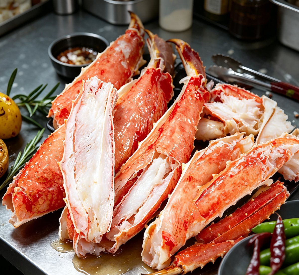 Cooked king crab legs on ice
