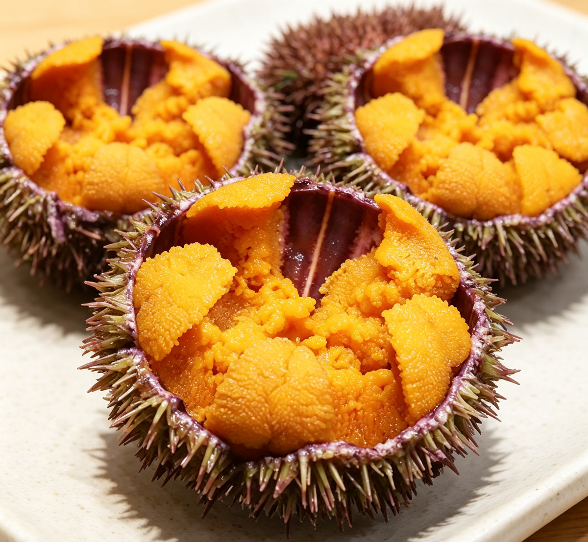 Fresh orange sea urchin roe in the natural shell