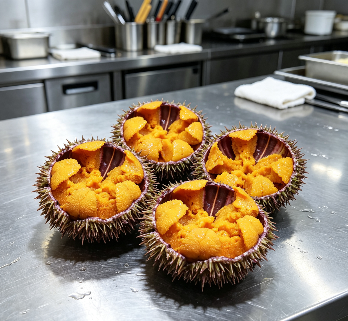 Fresh orange sea urchin roe in the natural shell
