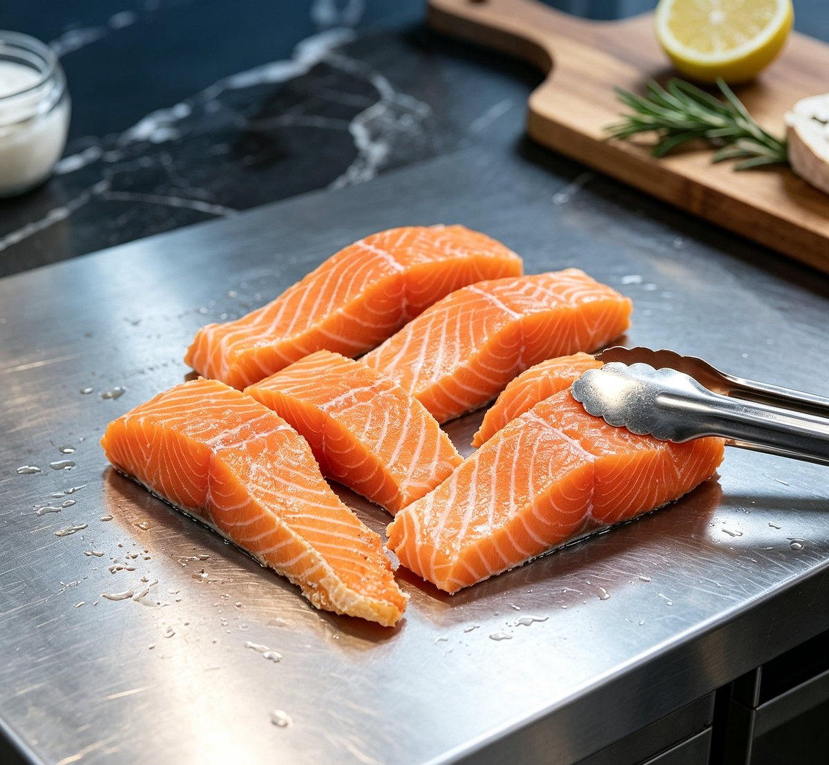 Wild-caught salmon steaks with deep orange flesh