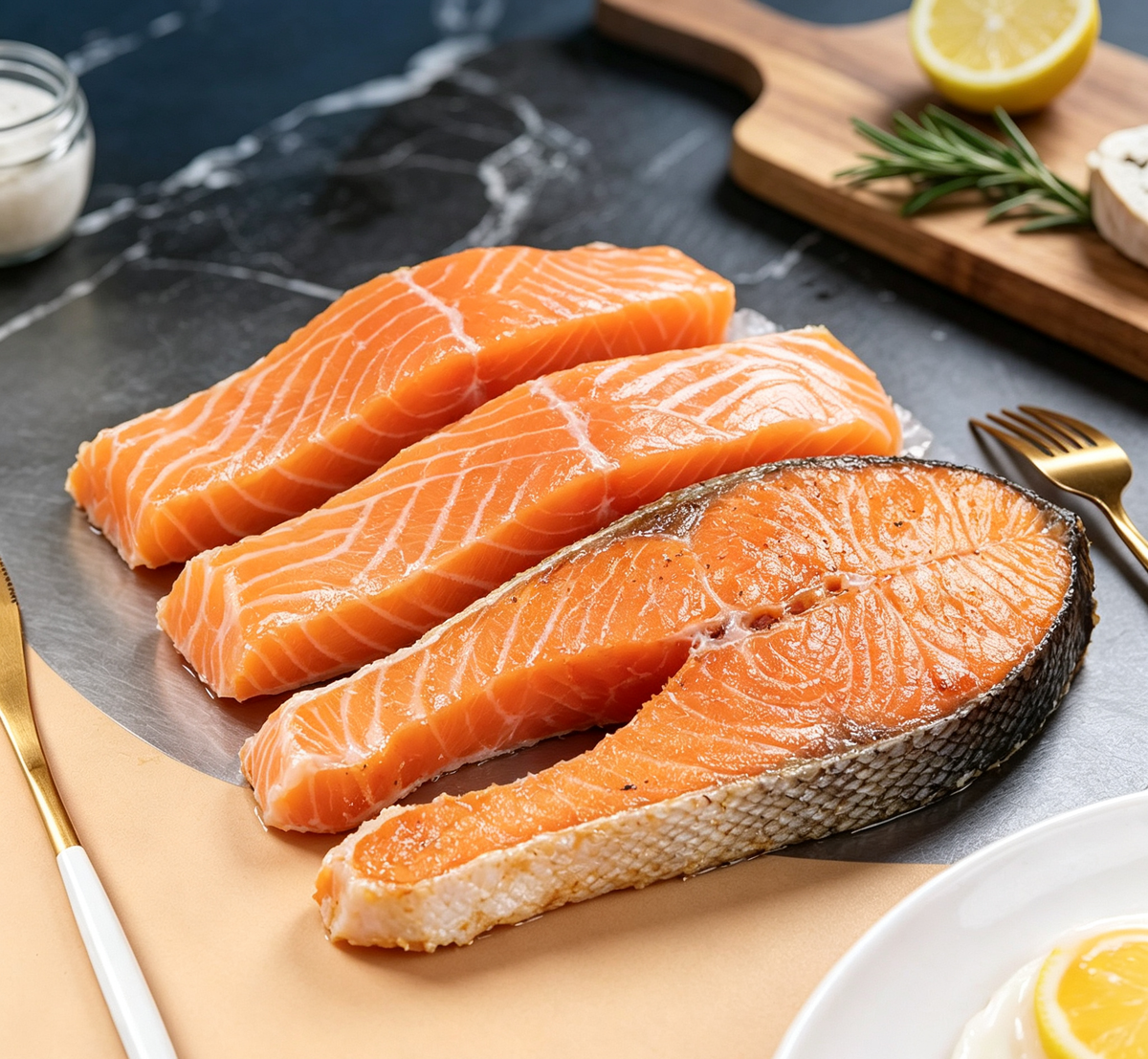 Wild-caught salmon steaks with deep orange flesh