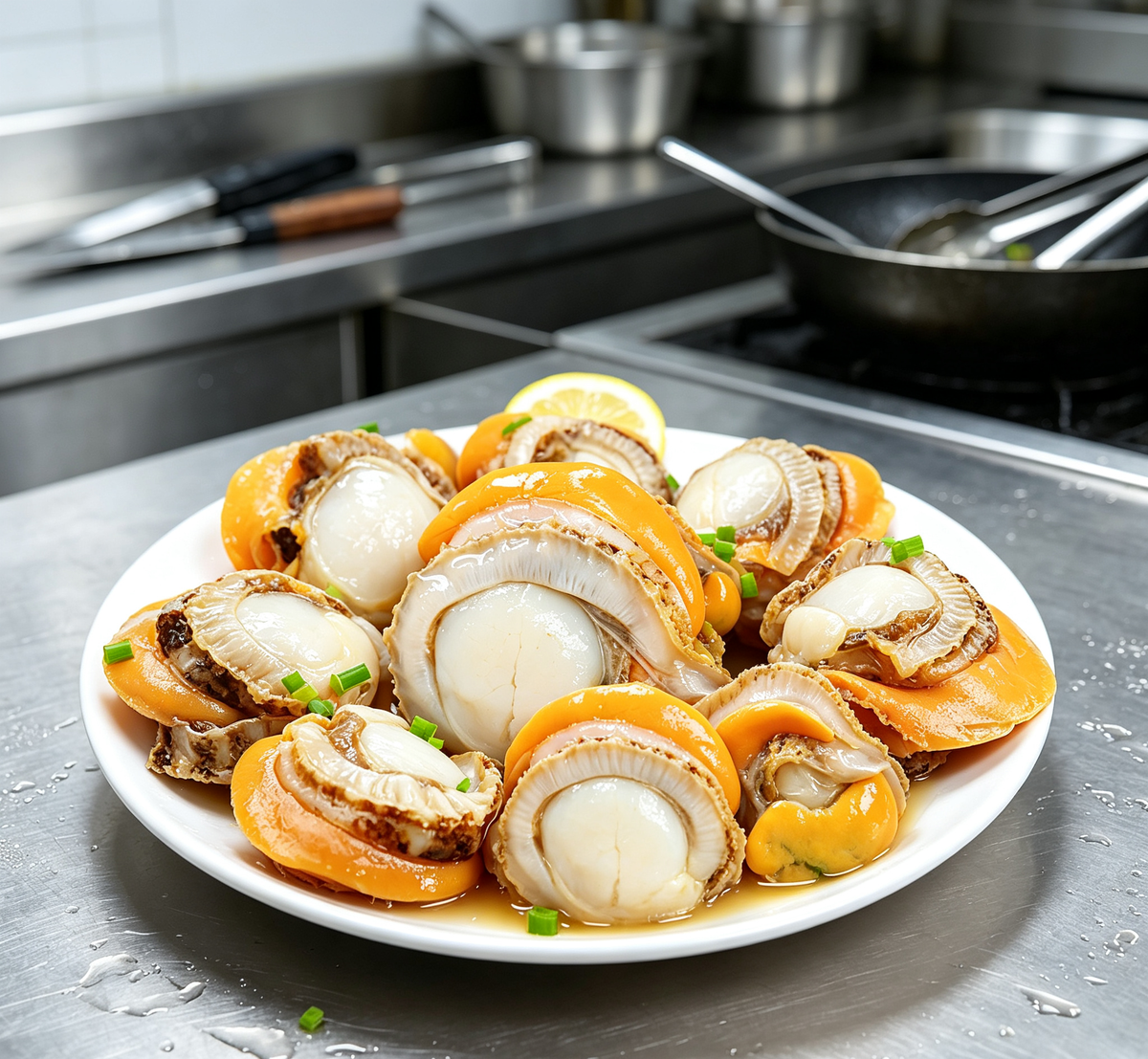 Steamed abalone in the shell with golden broth