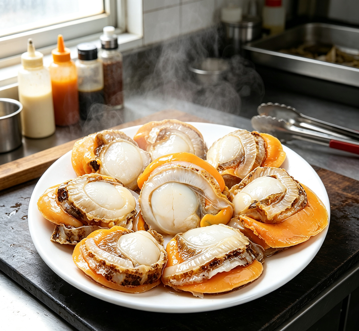 Steamed abalone in the shell with golden broth